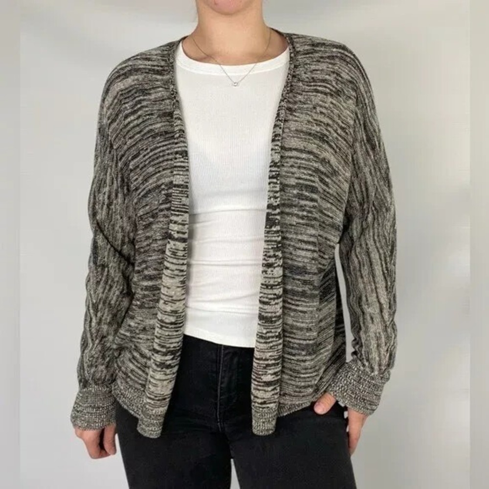 Eileen Fisher Sweater Cardigan XL Organic Linen Twist Mix Angle Front Black Gray